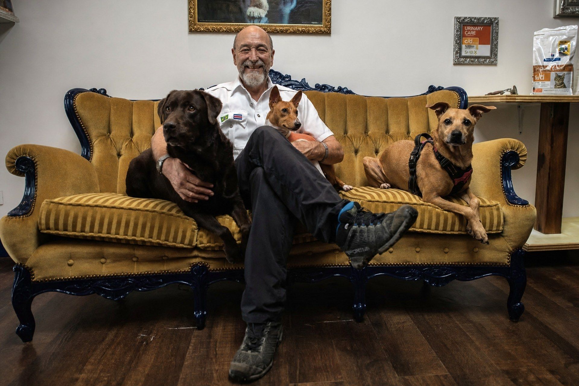 El Dr. Eduardo Bitter en el salón de la clínica con tres perros