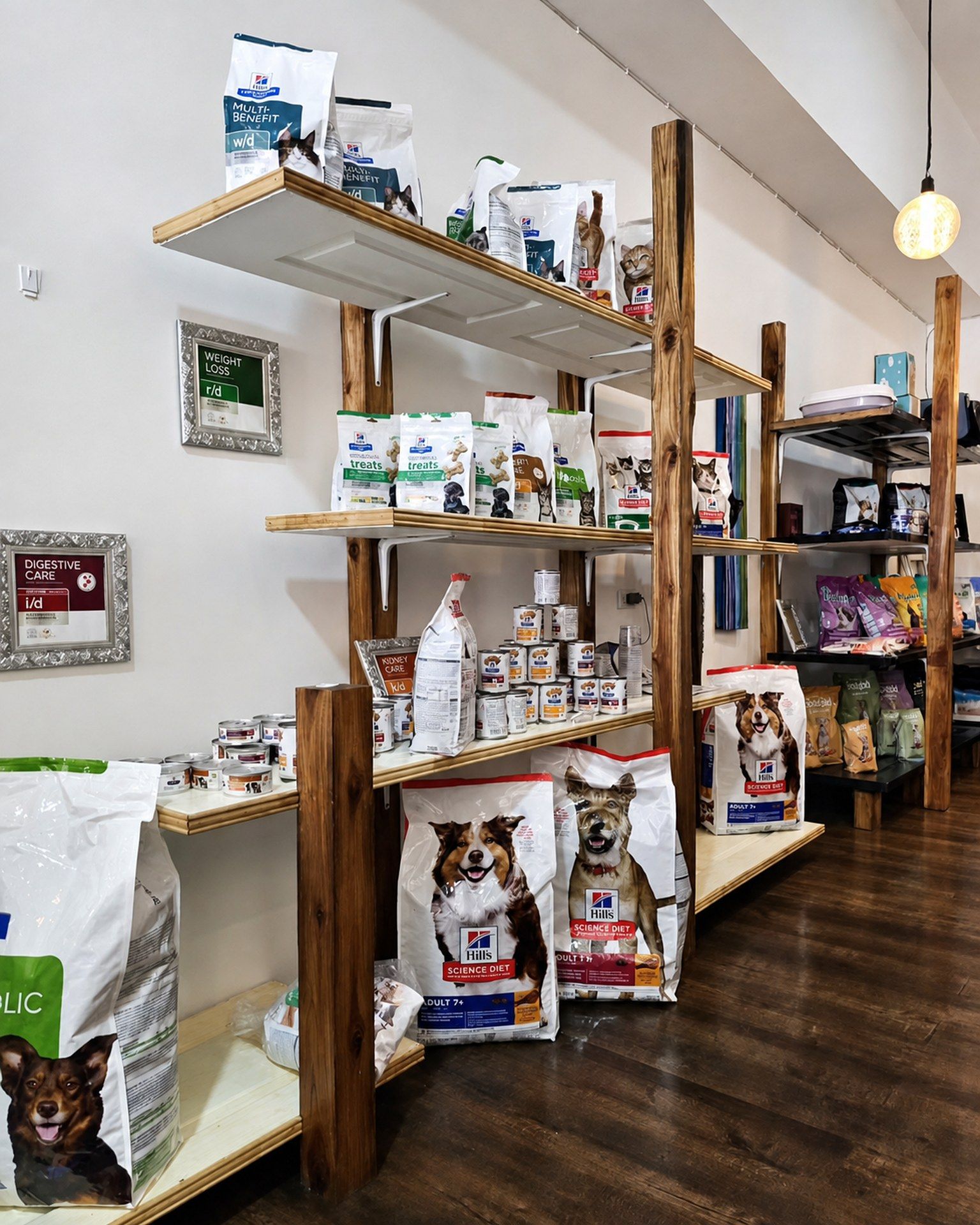 Estantería con alimento y suministros para mascotas
